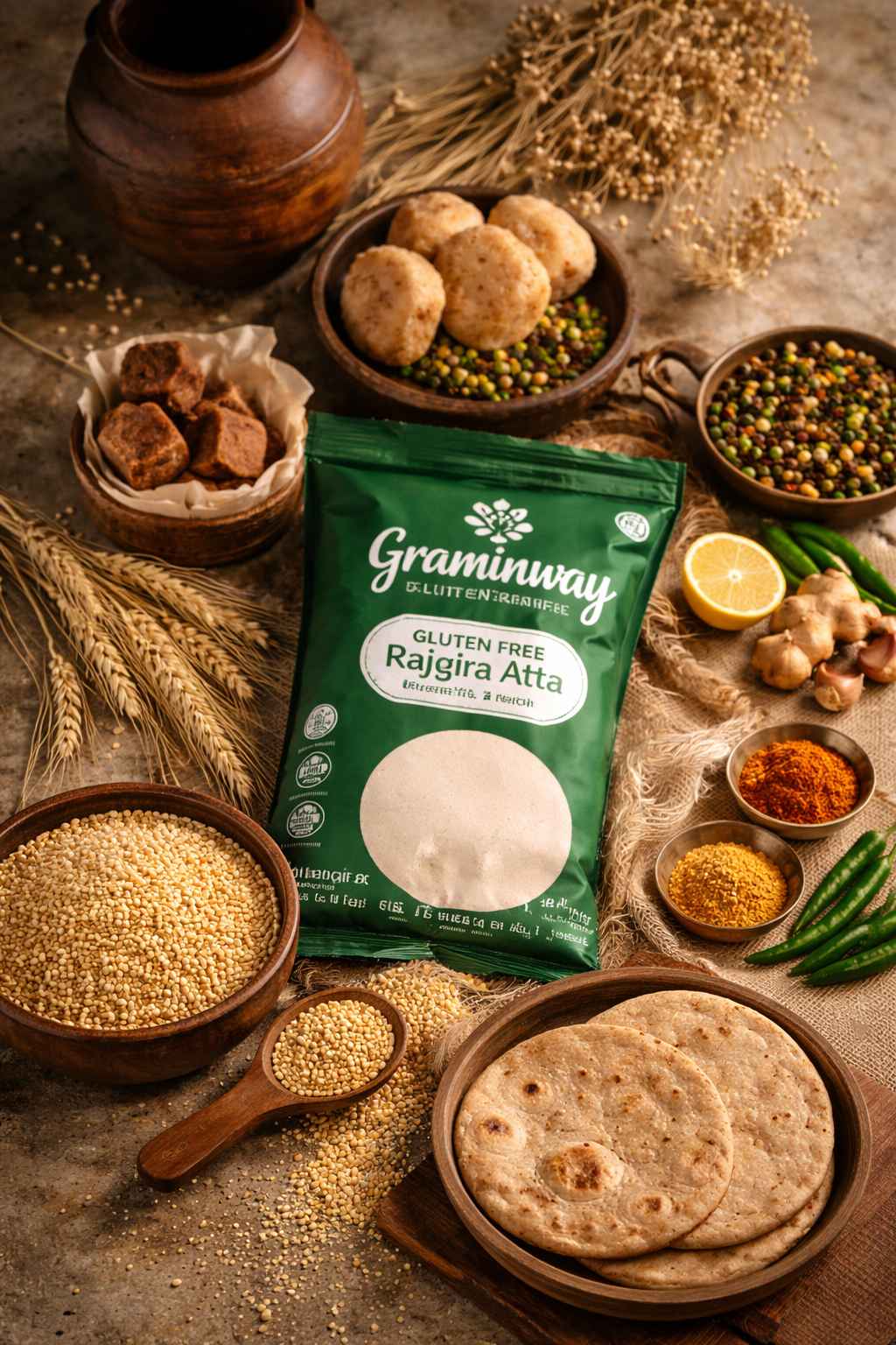 Traditional Indian food ingredients and healthy Graminway product story visual