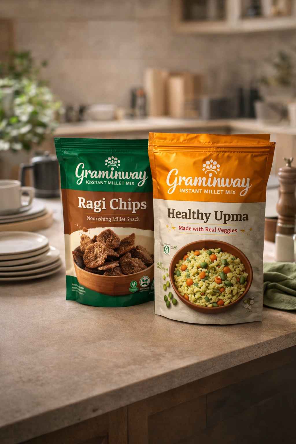 Healthy packaged foods styled in a premium kitchen setting